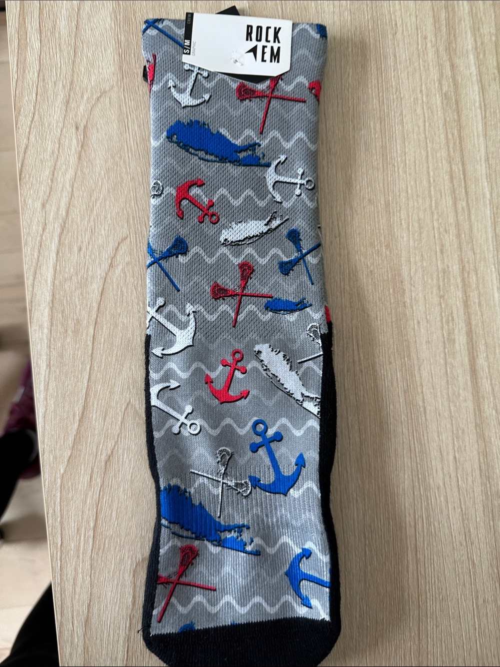 Rock 'Em Men's Gray Nautical Anchor Athletic Socks with Blue & Red Accents